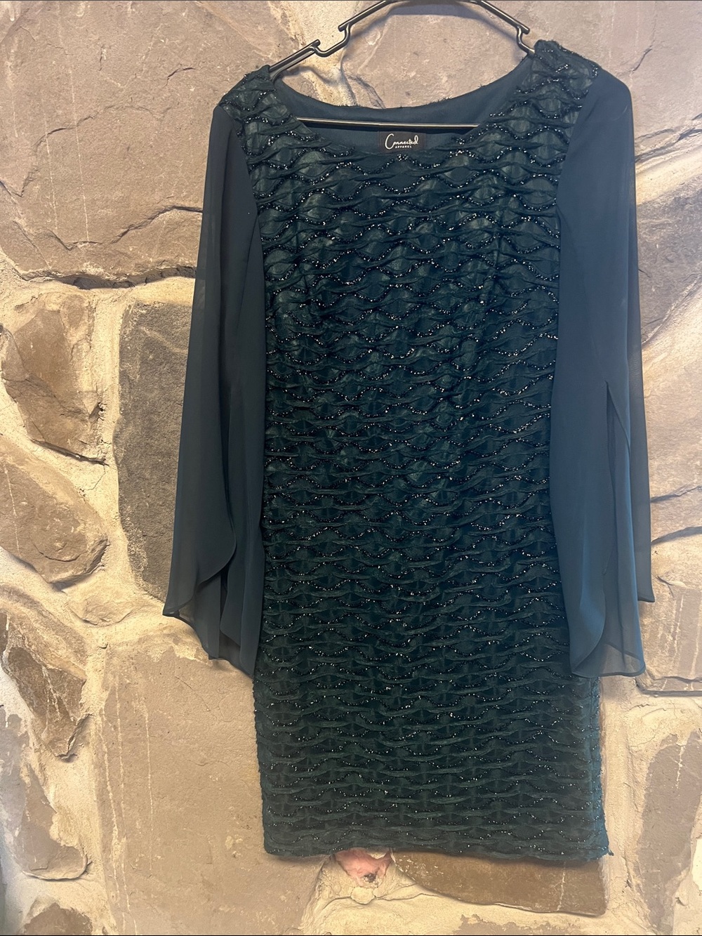 Emerald Green Cocktail Dress with Sheer Bell Sleeves